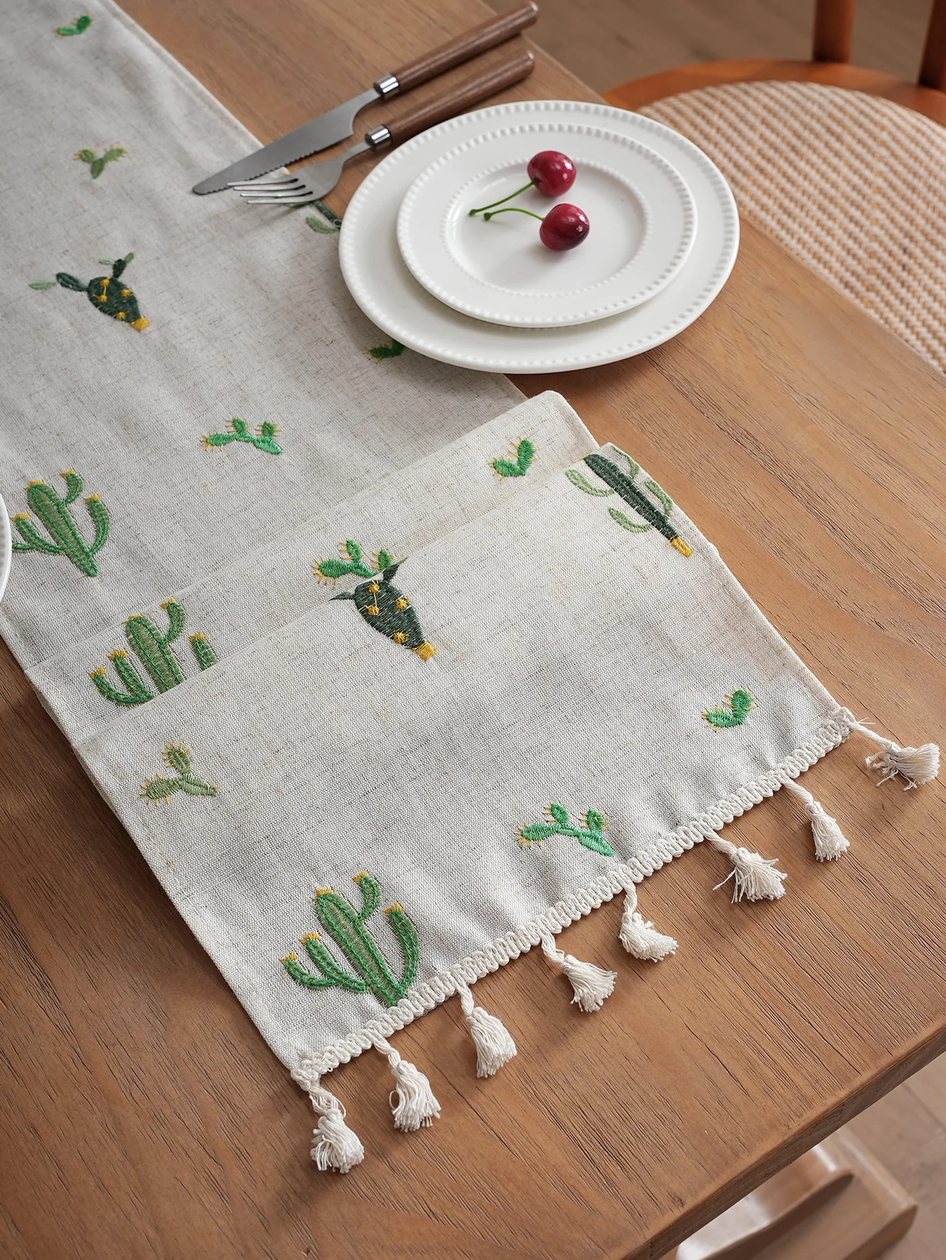 Leinen bestickter Kaktus-Vorhang, Tischläufer für Wohnzimmer, Küche, Esstisch, Teetisch, Serviette, dekorativ