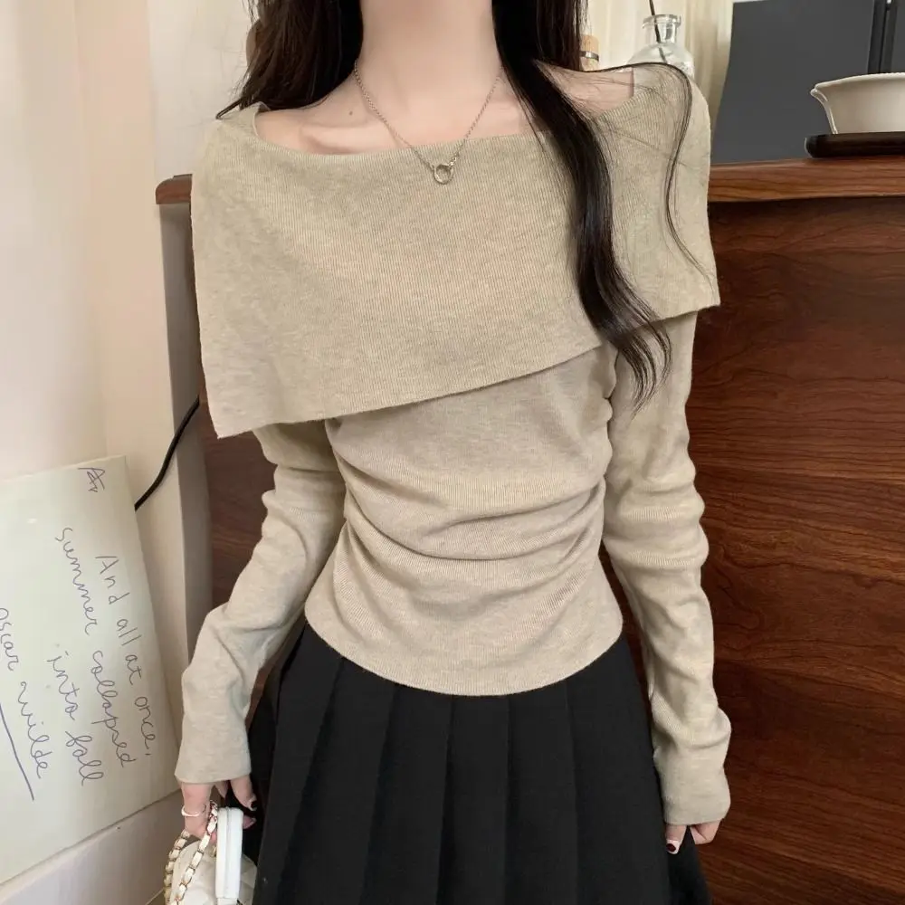 

Wear Slim Fit Sweet And Spicy Base Shirt Bottoming Top Long Sleeve Knitted Sweater Women's Design Shoulder Bared Collared Inner