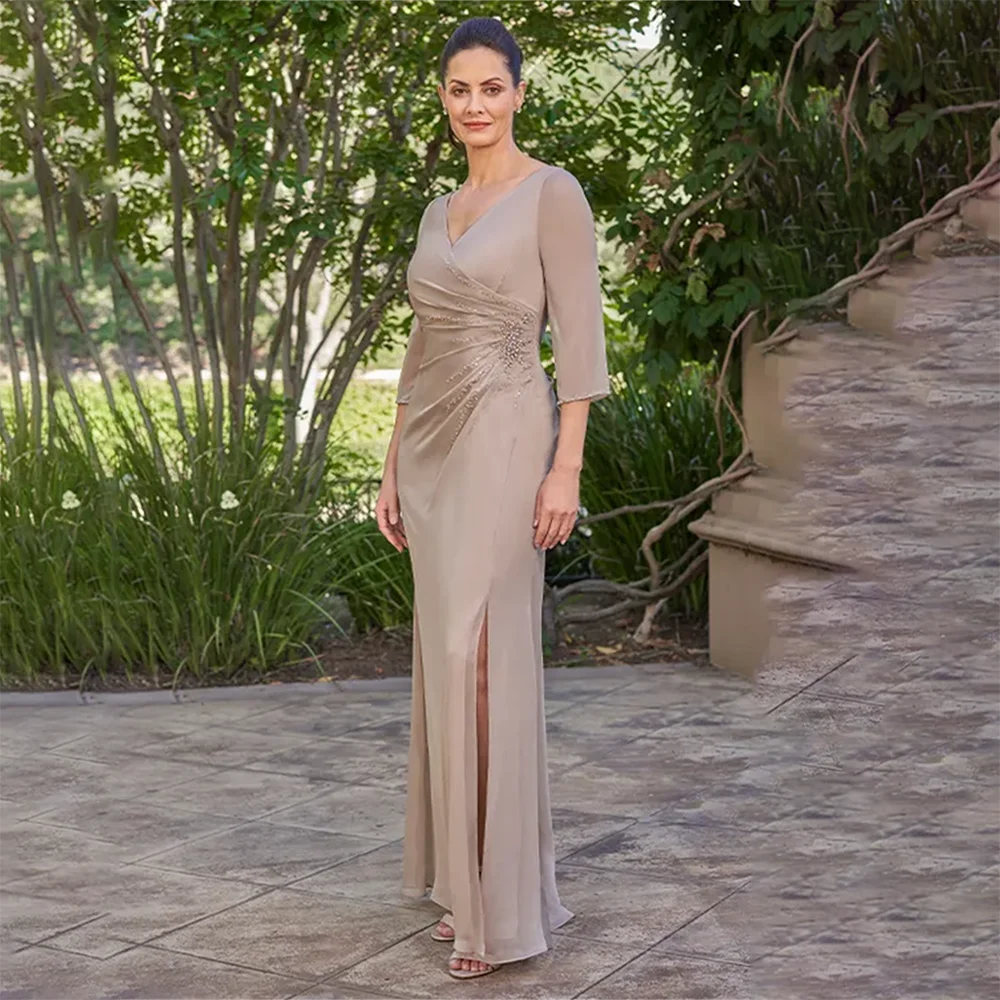 

Mother of Bride Dresses Wedding 2025 Side Slit Chiffon V-Neck Pleated Half Sleeve Mother of the Groom Dresses For Wedding
