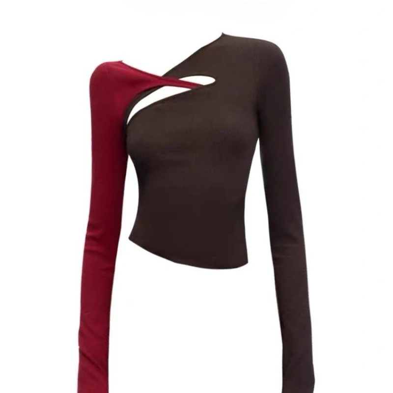 New Autumn Korean Lazy Chill Aesthetic Top Premium Feel Unique Gorgeous Red Coffee Contrast Long Sleeve Tee Women