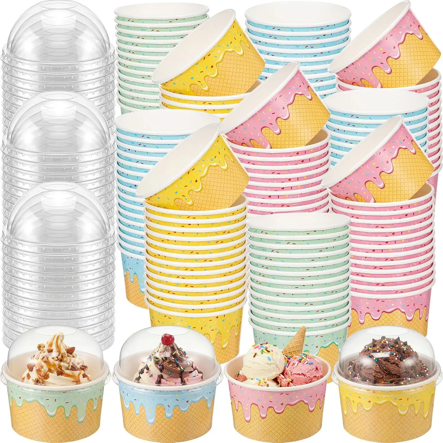 

100 Count Paper Ice Cream Cups with Clear Dome Lids Disposable Dessert Cups Bulk Dessert Bowls Sundae Containers for Sna