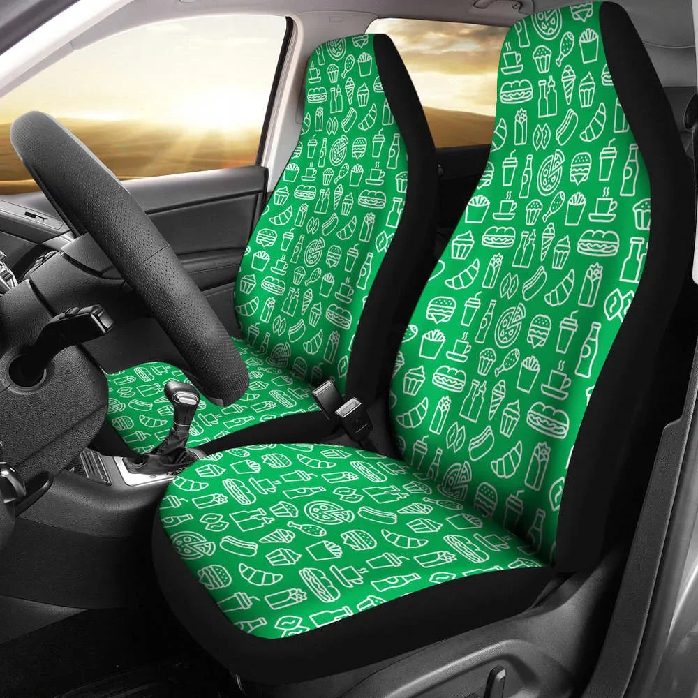 Delivery Driver Green and White Fast Food Pattern Car Seat Covers Set ,Pack of 2 Universal Front Seat Protective Cover