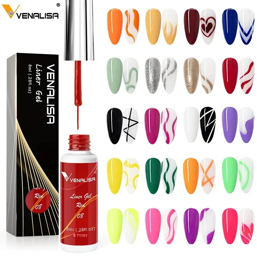 VENALISA 8ml Liner Gel Nail Art Painting with Fine Brush 21 Colors for French Tips Line Drawing Glitter Neon Nail Design