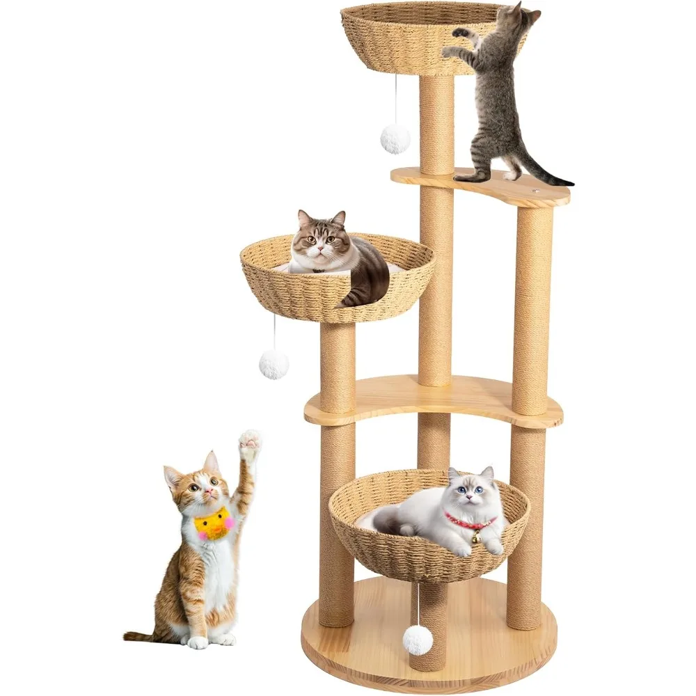 

Домашняя кошачья башня из дубового дерева с 3 плетеными гнездами и 8 уровнями царапин для больших кошек