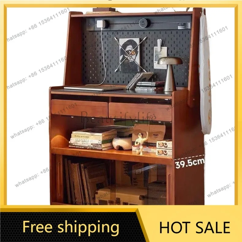 FG medieval movable solid wood side cabinet with wheels retro integrated locker