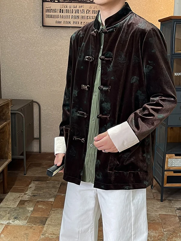 

Мужская бархатная верхняя одежда Long Sve Jaet с воротником-стойкой и пуговицами в китайском стиле для осени и зимы, модная и стоячая посадка