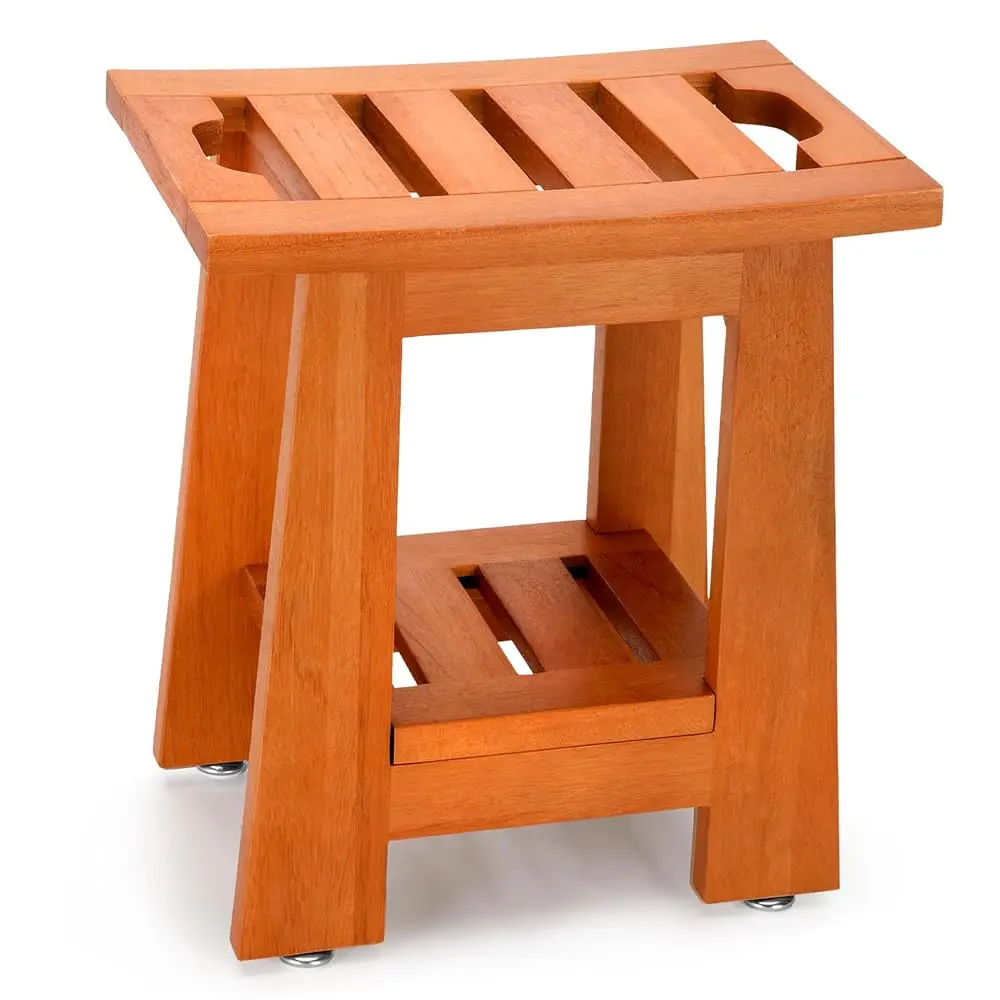 

14 Hs Teak Shower Bench, Solid Wood Shower Stool With Storage Shelf - Waterproof Bathroom Seat Chair For Adults Elderly,