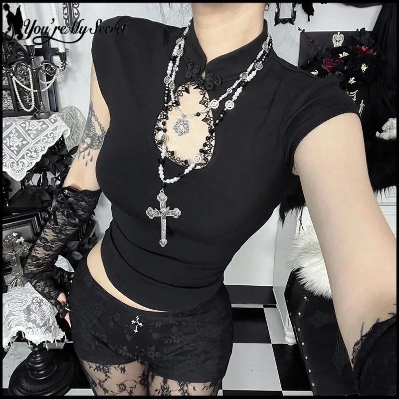 [You're My Secret] Summer Y2K Short Sleeve BLack Women's T-Shirt Gothic Half Hight Collar Tee Chinese Style Slim Fit Stretch Top