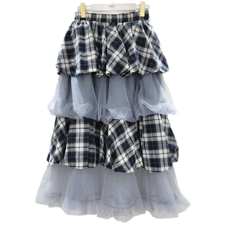 HKSH Autunno Nuove Donne Dolce Chic Gonna Plaid Patchwork Maglia A Pieghe A Strati A-line High Street Elegante Moda Y2K Gonne HK9501