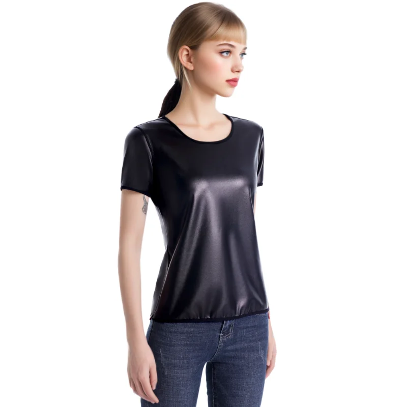 نمط جديد المرأة دراجة نارية فو الجلود قصيرة الأكمام المجهزة تي شيرت أعلى محدد شكل الجسم مدرب خصر سليم التي شيرت أزياء ملابس داخلية