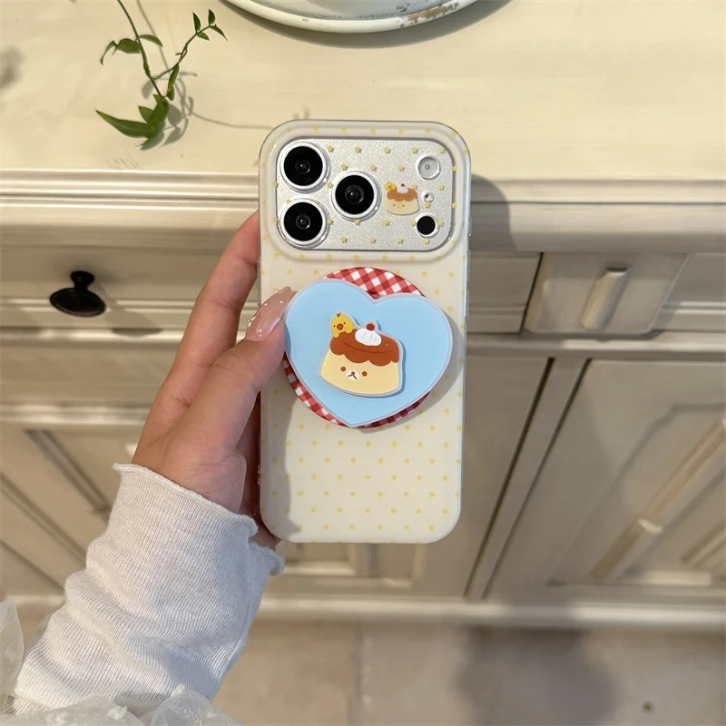 

Kawaii Pudding Cartoon Yellow Polka Dot Magnetic Phone Case With Heart Pop Socket For iPhone 15 16 17 Pro Max INS Cute Shockproo