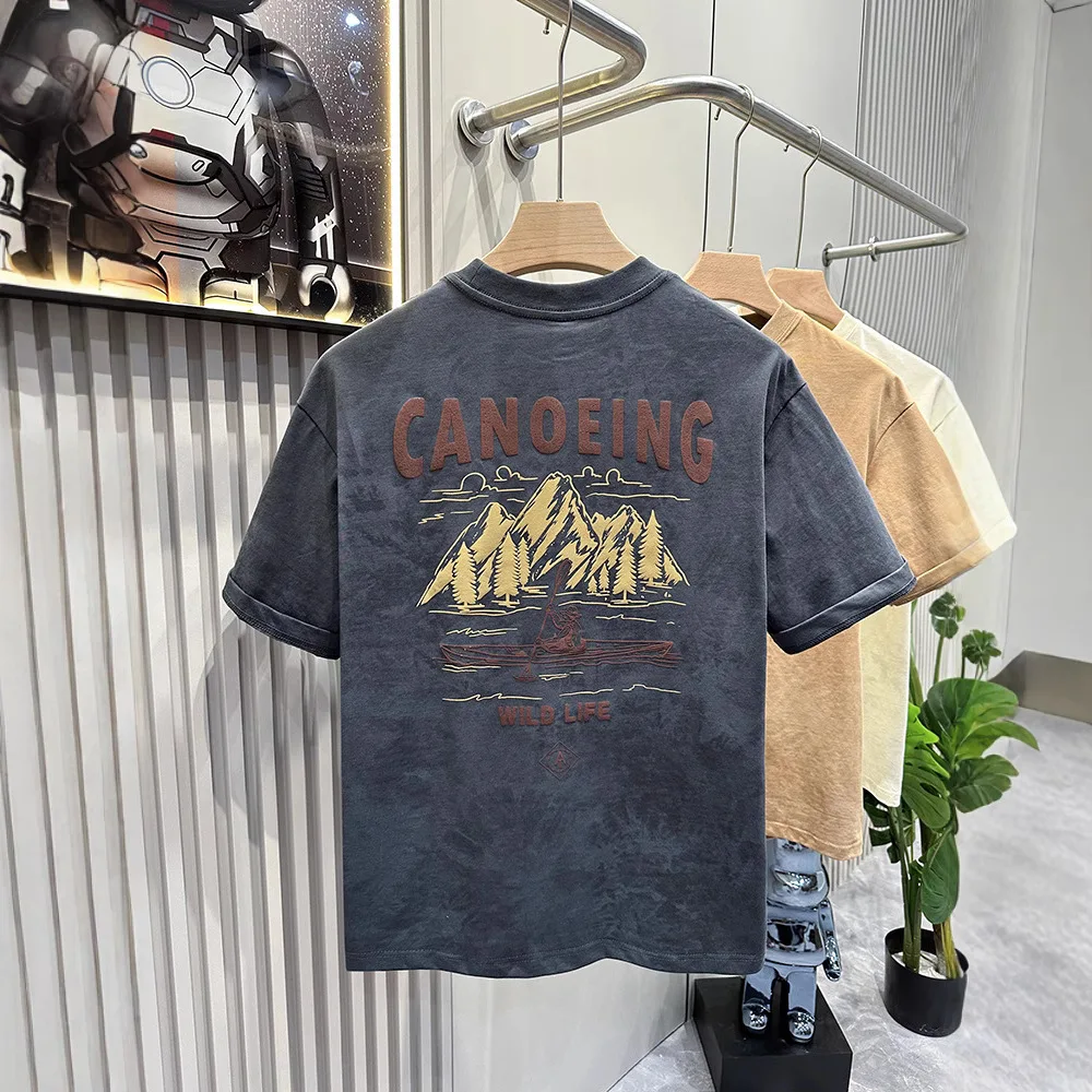 High-End Vintage Cloud-Dyed Short-Sleeve T-Shirt For Men, Fashion New Heavy-Weight Loose-Fit Printed Top