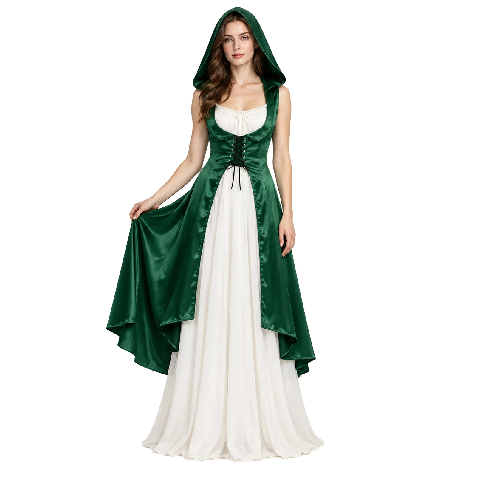 Women Medieval Renaissance Victorian Costume Lace-up Split High-low Hem Satin Hooded Underbust Dress for Halloween Cosplay Party view 2