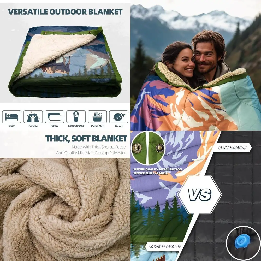 بطانية للتخييم في الهواء الطلق مع بطانة شيربا، وبطانيات مخيم سميكة ودافئة للغاية وحاف تخييم منتفخ وخفيف الوزن DWR #1