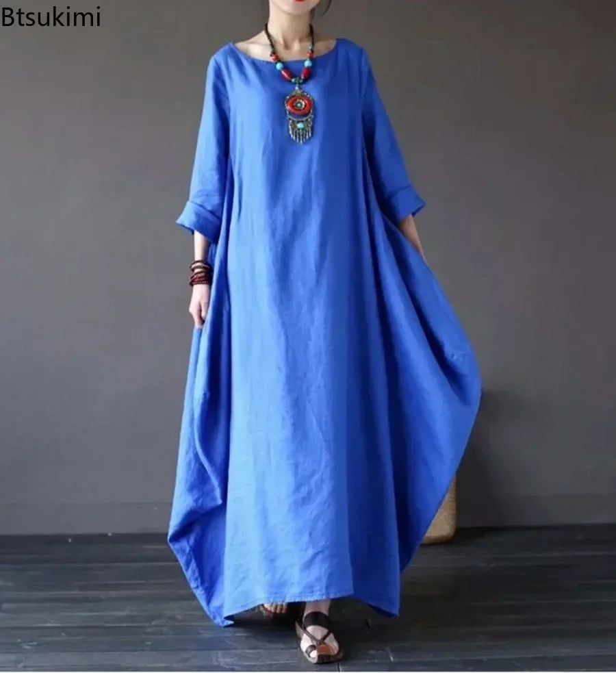 2024 Women\'s Casual Cotton Linen Dress Oversized Solid Loose Ankle Length Elegant Long Dress Female Half Sleeve Vestidos S-5XL