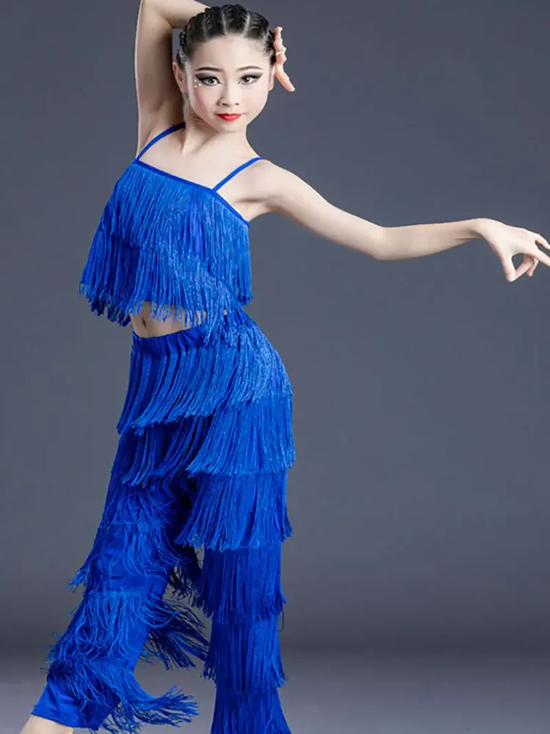 Meisje Latin Dans Jurk Voor Meisjes Kinderen Ballroom Kwastje Fringe Jurk Tops Broek Salsa Samba Kostuum Kinderen Dans Broekpak Blauw