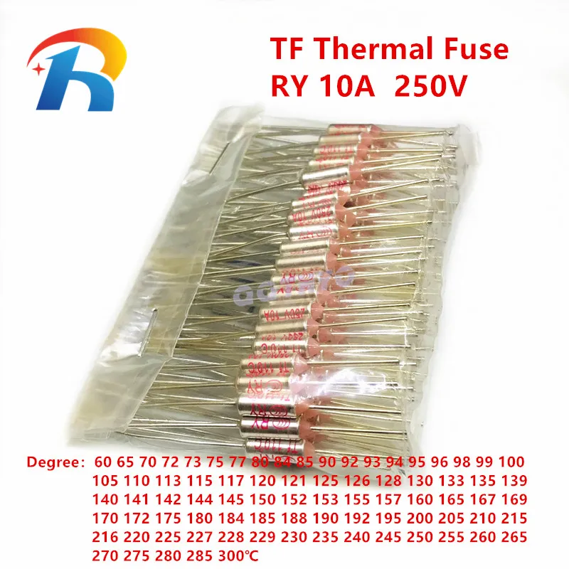 10 ~ 100 pz temperatura RY 10A 250V Tf fusibile termico 60C 72C 77C 94C 99C 100C 113C 121C 133C 142C 157C 172C 192C 216C 240C 300C