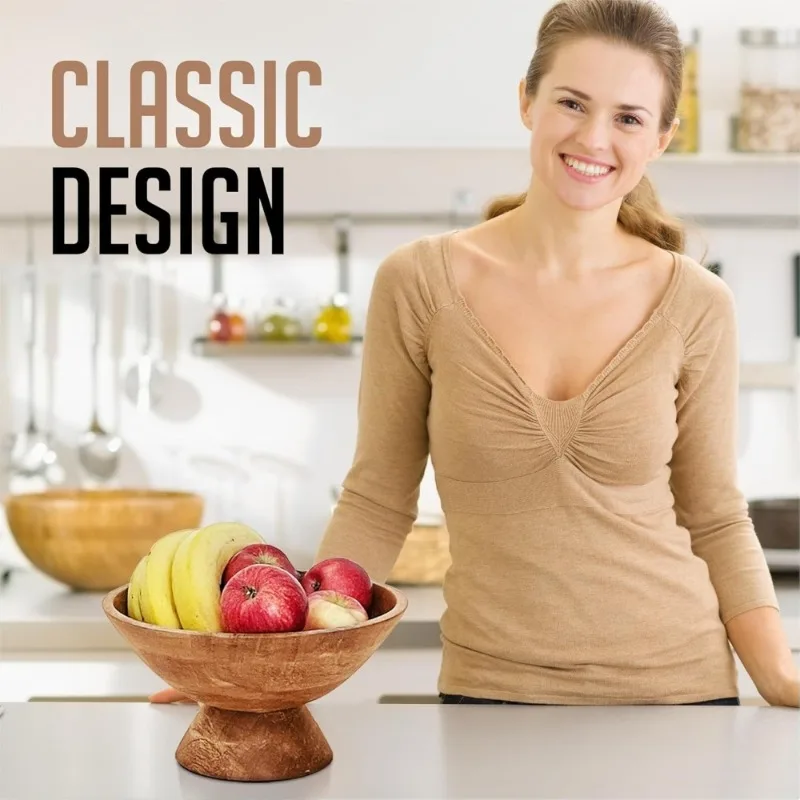 

Brown Pedestal Bowl 10 Inch Wide Footed Fruit Candy Key Holder Wooden Centerpiece Decorative Bowl for Kitchen Dining Table