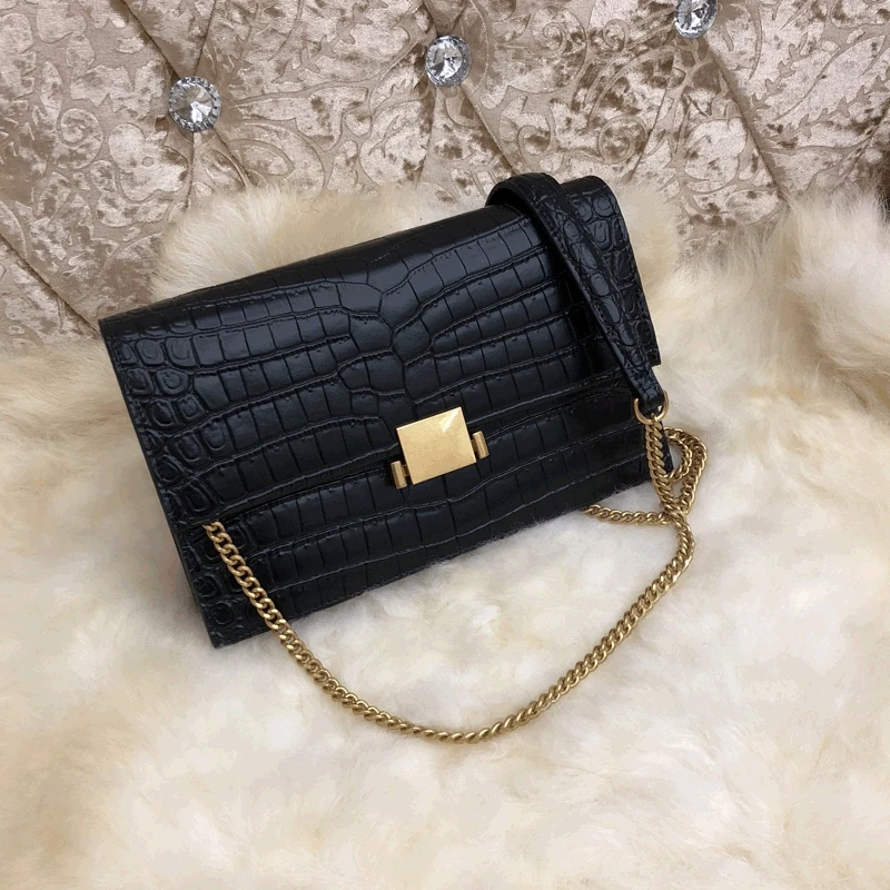 Black Fashion Crocodile Pattern Chains Clutch Genuine Leather Women Bag Real Leather Lady Shoulder Crossbody Bag