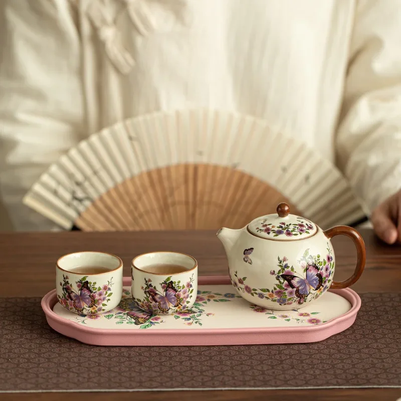 Jingdezhen Imitation Song Ru Kiln Butterfly Shadow Teapot Teacup Dry Tea Tray 1 Pot 2 Cups Travel Small Set Tea Set Ceramic Set