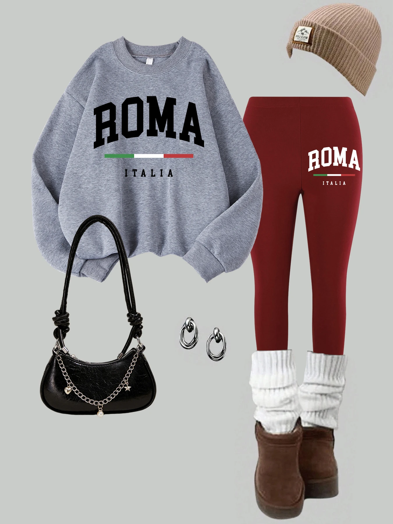 2-teiliges Damen-Sweatshirt-Leggings-Set mit Kolosseum-Rom-Italien-Aufdruck, Winter-Thermo-warme Hoodies, Hosen, Straßen-Damenkleidung