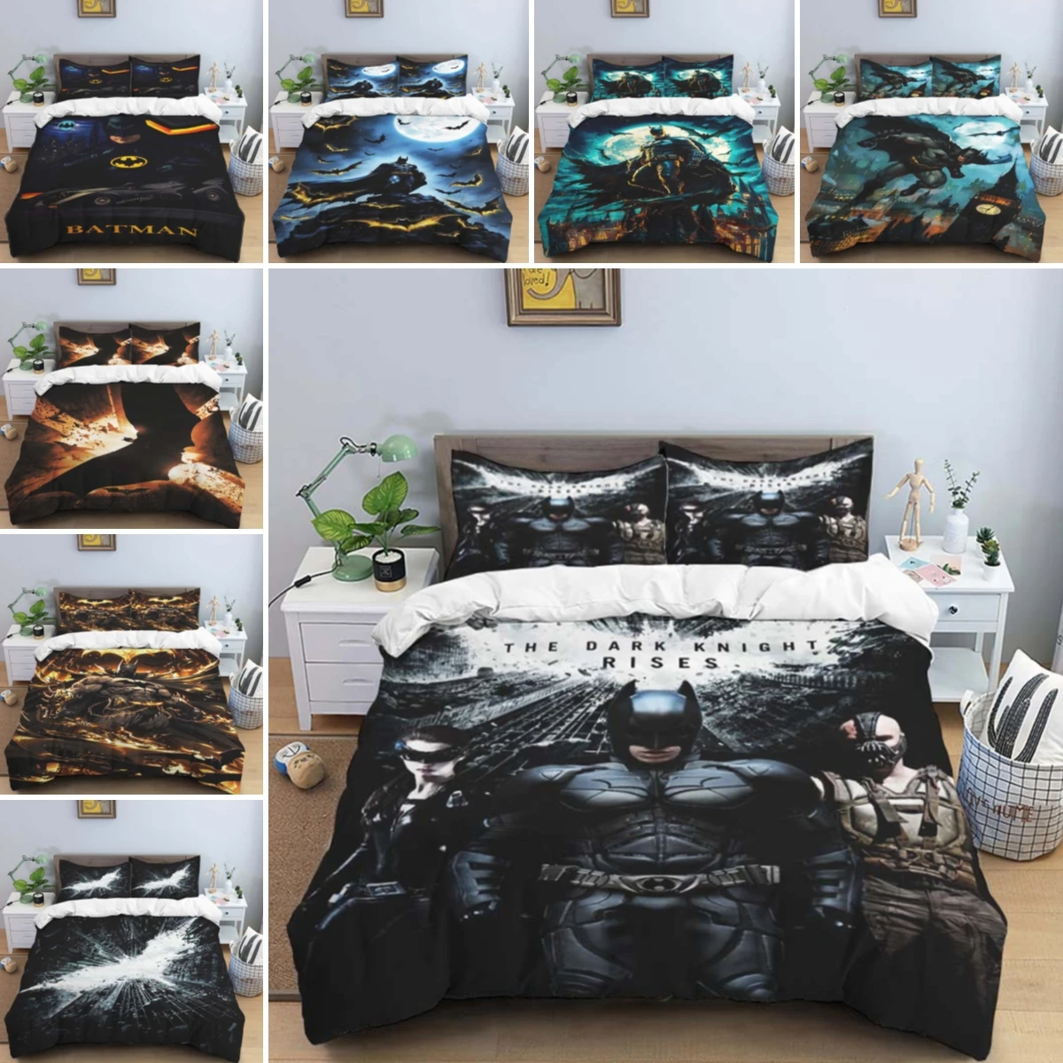 Juego de ropa de cama personalizable con temática de Batman en su infancia, que incluye una funda nórdica y dos fundas de almohada, un regalo perfecto para decorar el hogar para fanáticos de Batman.