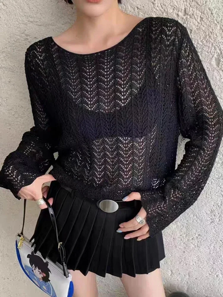

Summer Chic Hollow Out Pure Color Sweater Women Pullovers Korean New Simple O-Neck Casual Office Ladies Fashion Female Pullovers