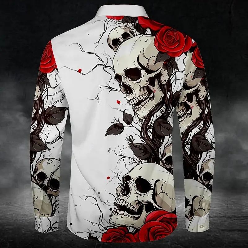 2024 Autumn and Winter New Men's Rose Floral Skull Party Top Halloween Outdoor Street Top Button Lapel Plus Size XS-6XL