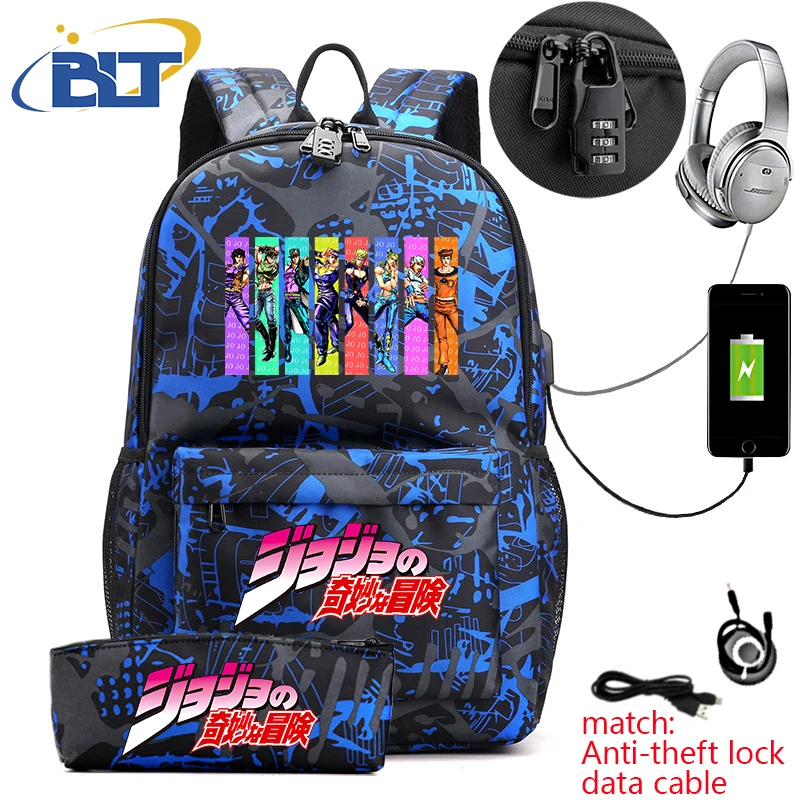 Jojo Bizarre Adventure anime student school bag USB backpack pencil case 2-piece set for boys and girls