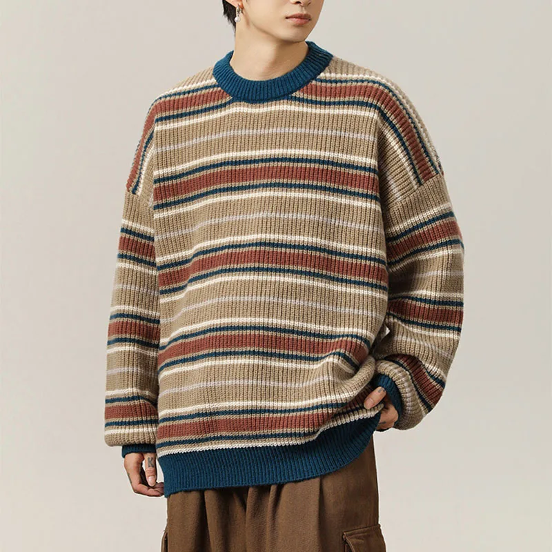 

Винтажные полосатые свитера для мужчин, осенне-зимние вязаные пуловеры, повседневные свободные пары, утепленный теплый трикотаж, мужская шикарная уличная одежда