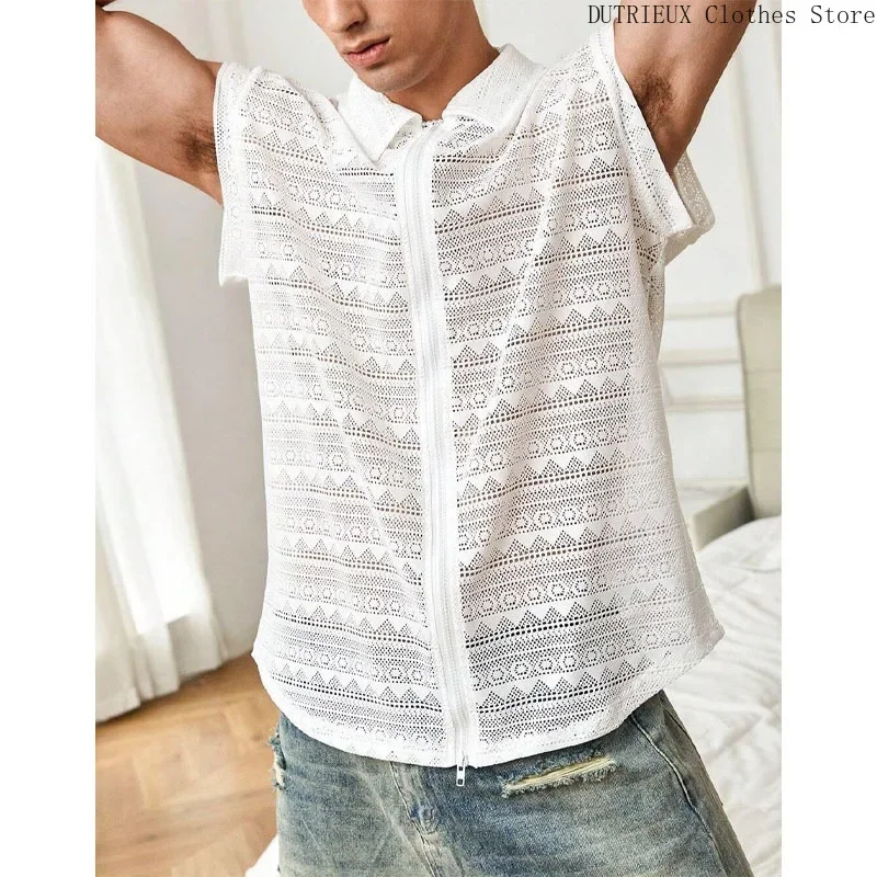 

New Men's Zipper Sleeveless See-through Shirt Business Casual Comfortable Men Sleeveless Shirt Vest Sexy Breathable White Shirt