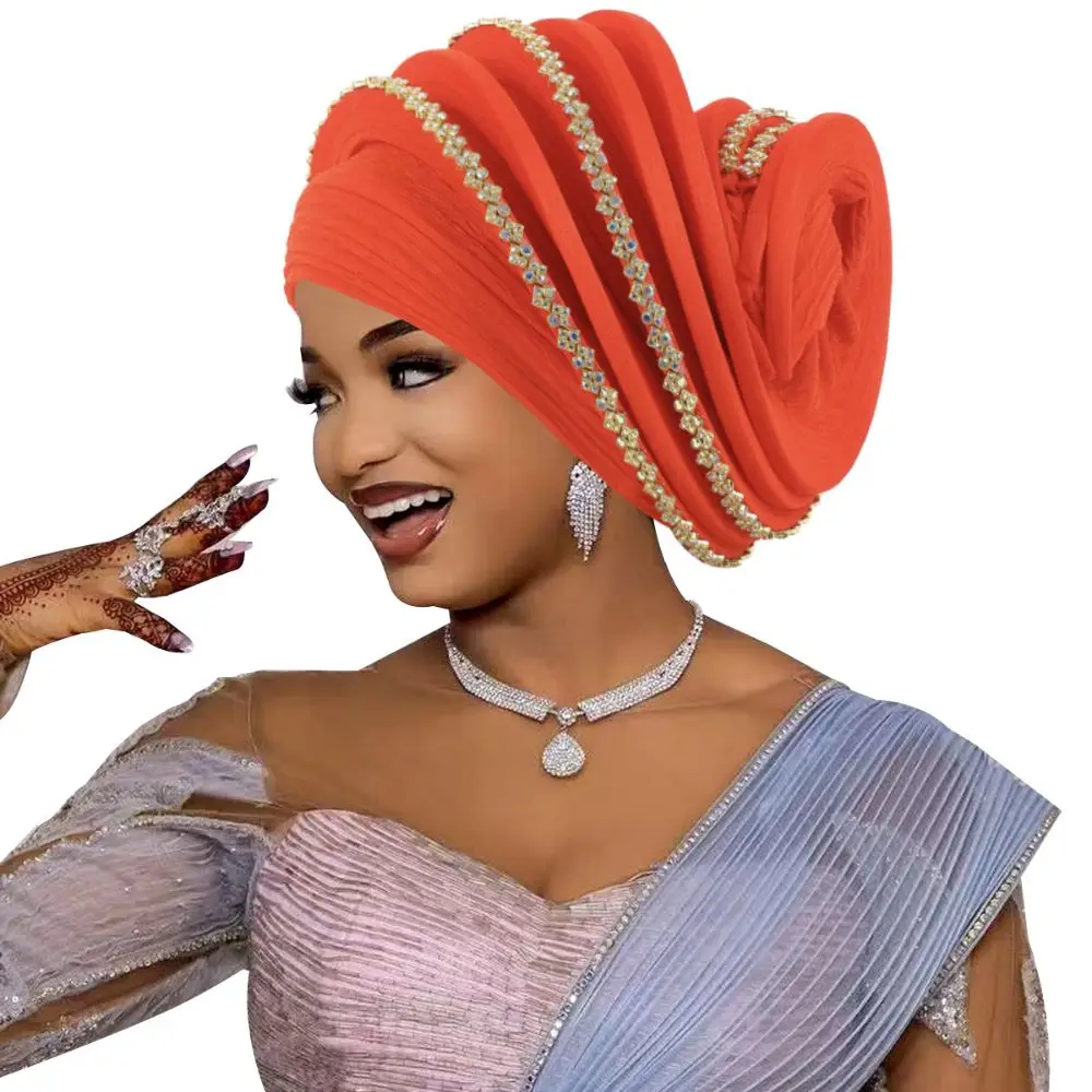 Luxury Rhinestone Decor Spiral Turban Sparkling Ethnic African Turban Cap Gele Headpiece For Women Ladies