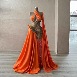 Elegant Sheer Beading Orange Evening Gowns One Shoulder Sexy See Through Prom Dresses Satin Sweep Train Arabic Party Dress 2022