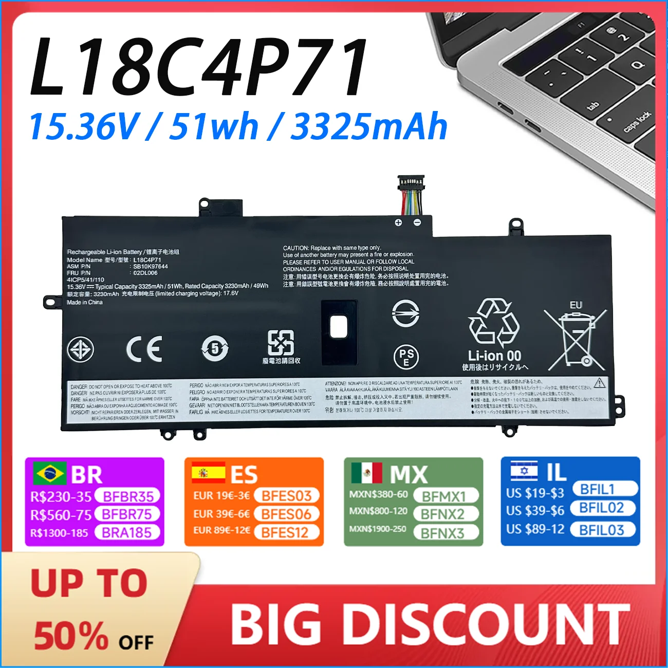 New L18C4P71 Laptop Battery For Lenovo X1 CARBON 2019, X1C SKB10K97644 02DL004 02DL005 L18M4P72 L18C4P71