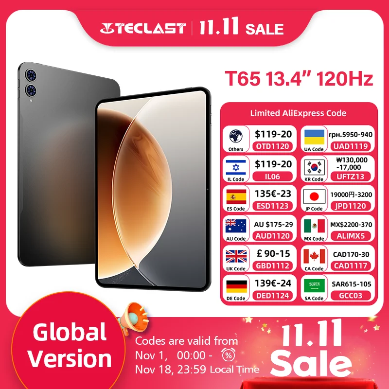 Teclast T65 13.4인치 2K 120Hz 안드로이드 16 태블릿 128GB/256GB ROM Unisoc T7280 옥타코어 8000mAh 배터리 4G 듀얼 SIM 태블릿