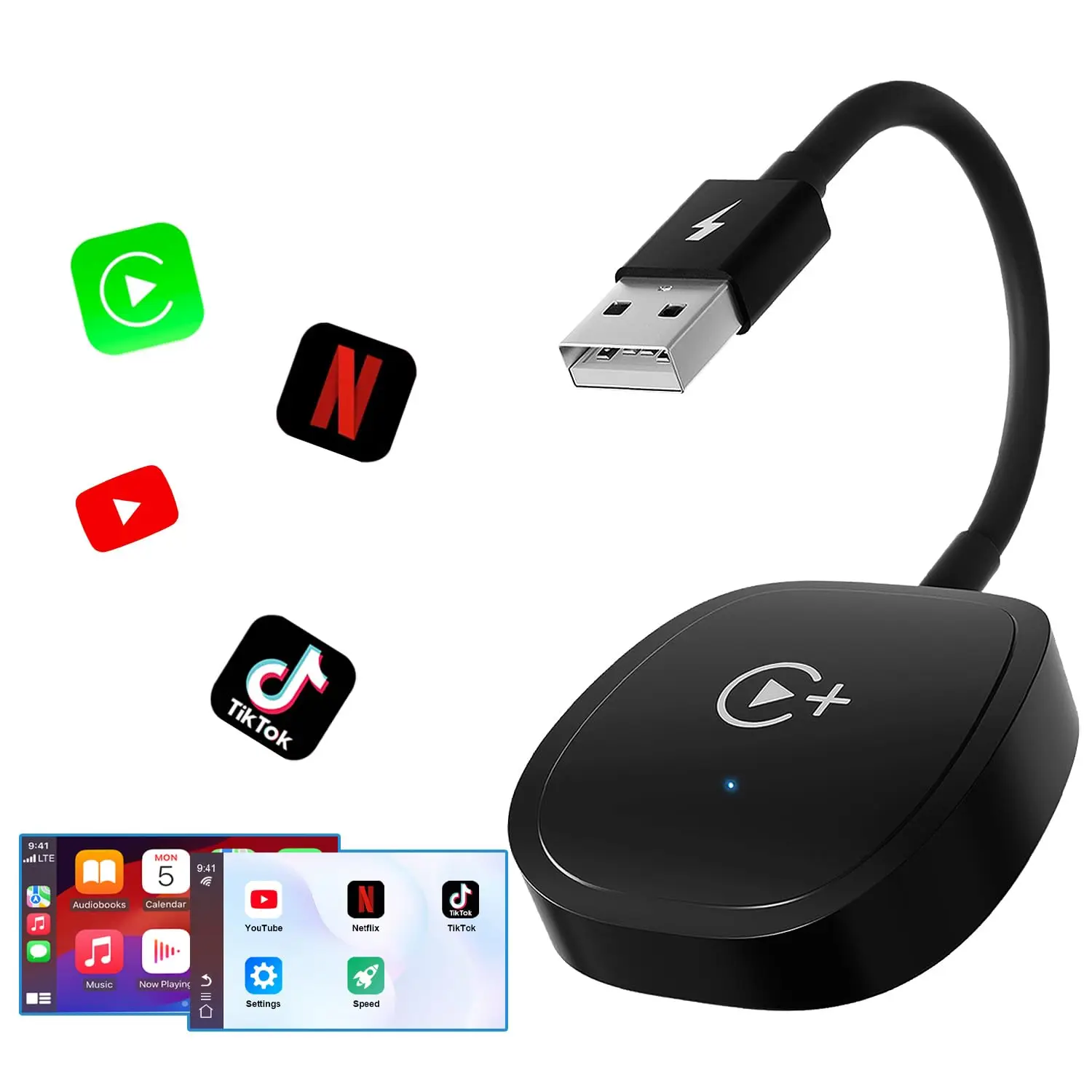 Wireless CarPlay Adapter, CarPlay Wireless Adapter Supports Netflix, YouTube, and Tiktok Stream Media Play,for OEM Wired CarPlay