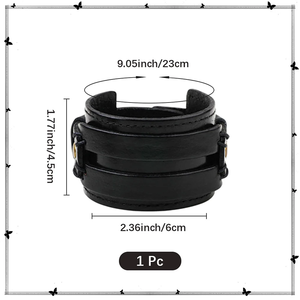 Punk Genuine Leather Cuff Bracelet Black Adjustable Cowhide Leather Wrap Wristband with Snap Button Clasp Wide Handmad Gothic