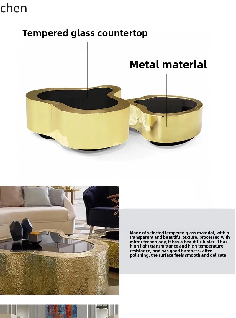 HXL Stainless Steel Coffee Table Living Room Tempered Glass Irregular Shape Tea Table Combination