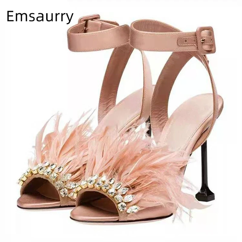 

Fairy Jeweled Feather Sandals Women High Goblet Heel Ankle Strappy Luxury Satin Banquet Shoes For Girls Summer