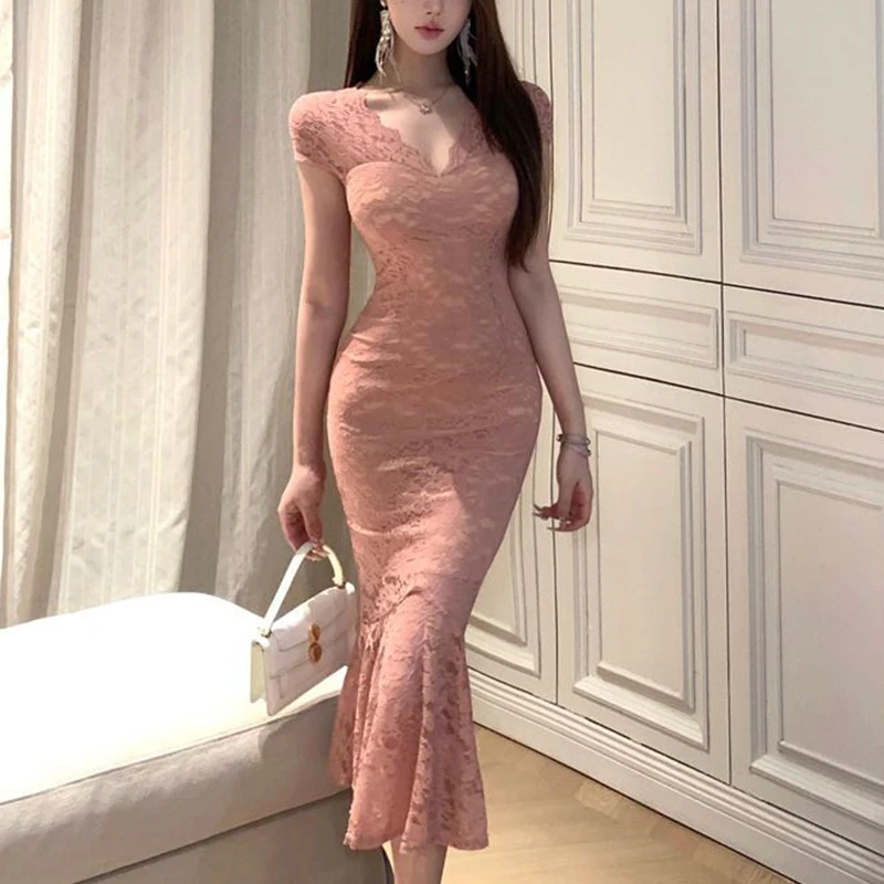 

Women's Lace Bodycon Midi Dress V Neck Short Sleeve Elegant Evening Party Dress