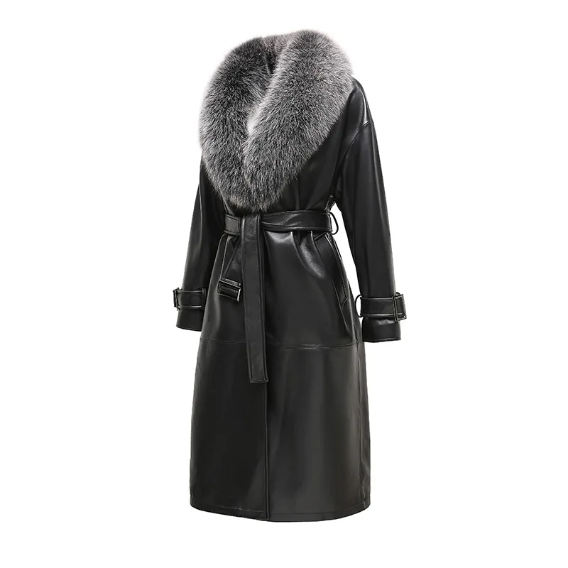 Lady Genuine Sheepskin Leather Coat 2023 New  Winter Belt Fox Fur Collar Luxury Windproof Long Trench Coats Overcoat GT5079