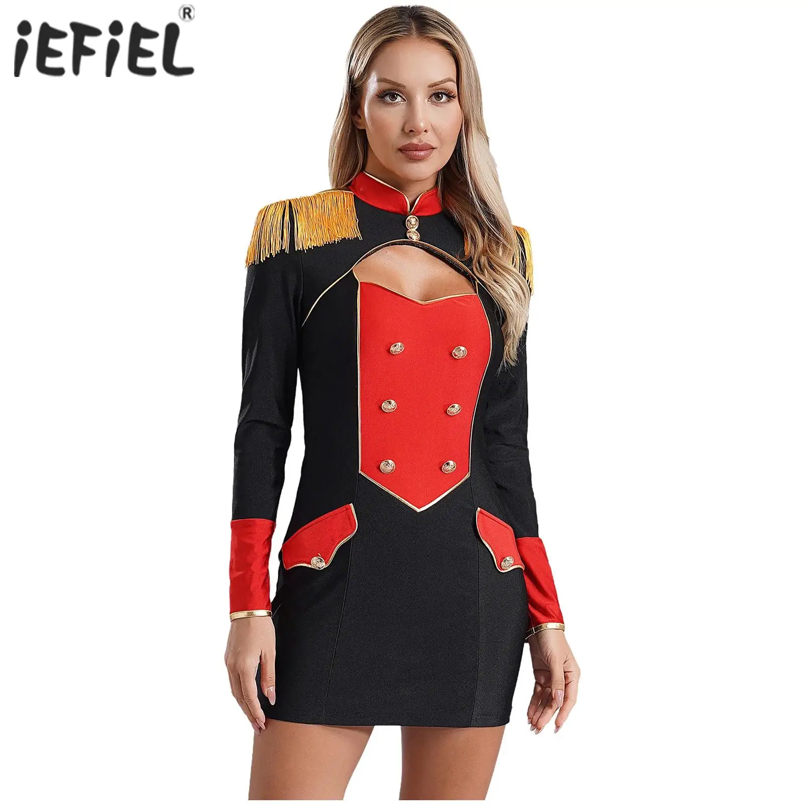 Womens Halloween Circus Ringmaster Costume Cosplay Dress Long Sleeve Tassel Epaulettes Vintage Buttons Cutout Carnival Dress Up