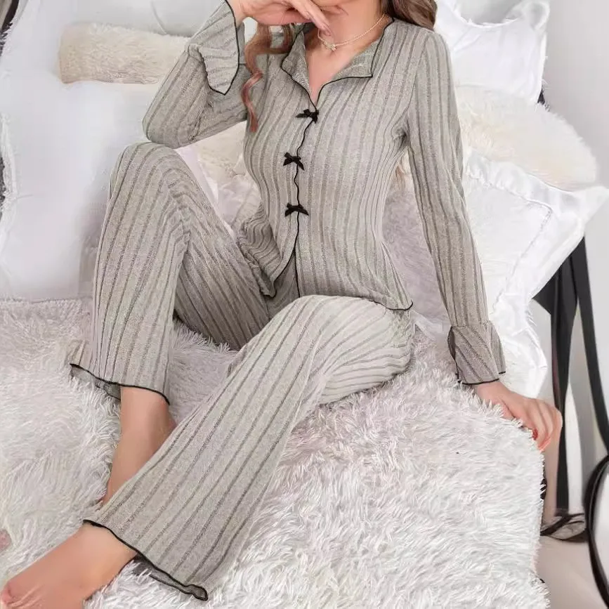New 2025 Women Spring Casual Pajamas Set Comfortable Sleepwear Sexy Long Sleeve Lapel Solid Rib Homewear Female Loose Loungewear image 4