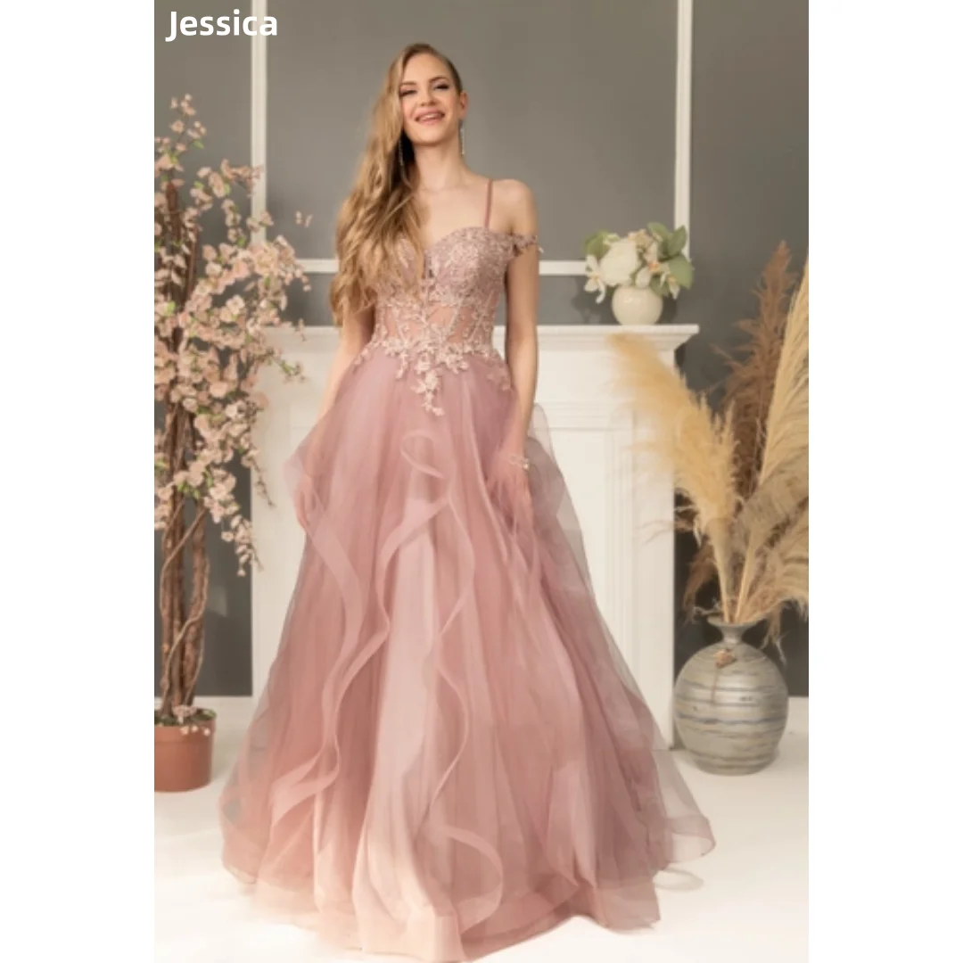 

Jessica Light Pink Wedding Dress Lace Embroidered Fluffy Tulle Prom Dresses A-shaped Fairy Cocktail Dresses Vestidos De Fiesta