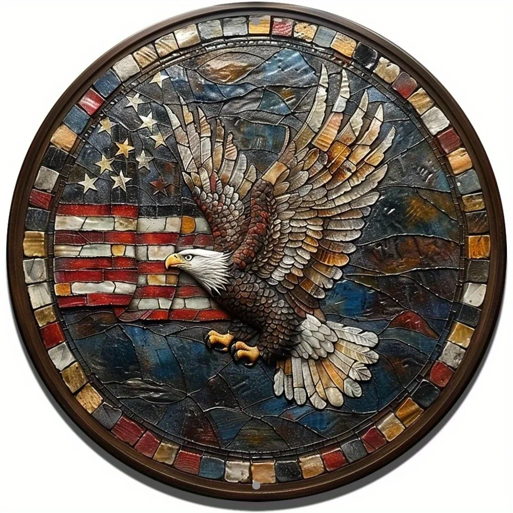 

Vintage Round Aluminum Flat Sign, American Flag and Bald Eagle Decorative Art, Hanging Wall Ornament, Room Decor, 2D