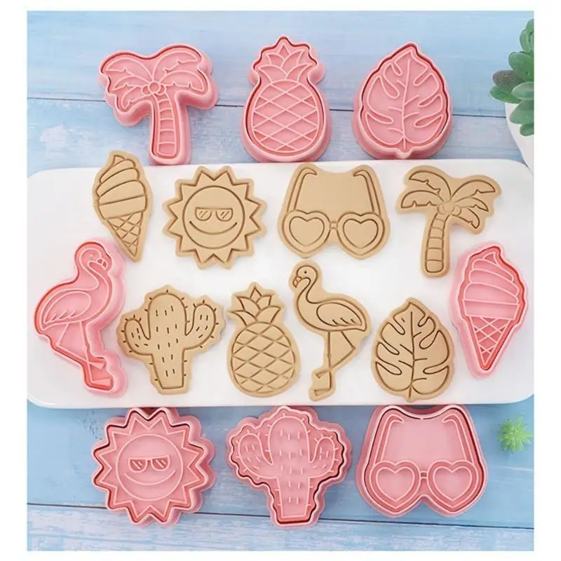 

G6KF 16Pcs/set Cookie Cutters Plastic Cartoon Summer Beach Theme Pressable Biscuit Molds Cookie Stamps Kitchen Pastries Tool
