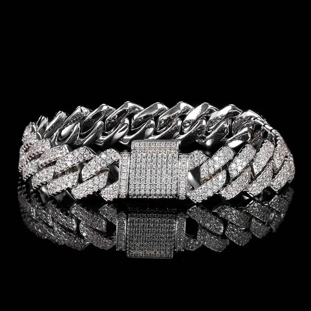 Silver 925 Cuban Chain Diamond Shape Strand Bracelet For Men Hip-Hop Rock Punk Bangles 14mm Gorgerous Cubic Zircon Jewelry