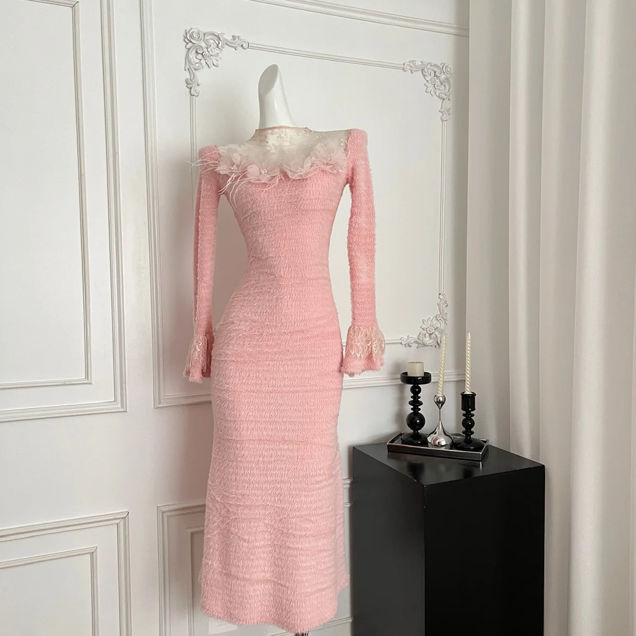 المرأة الخريف الشتاء أنيقة يزين ثلاثية الأبعاد الزهور ساحة الرقبة Bodycon فستان طويل سيدة مثير مضيئة كم سليم محبوك فستان #2