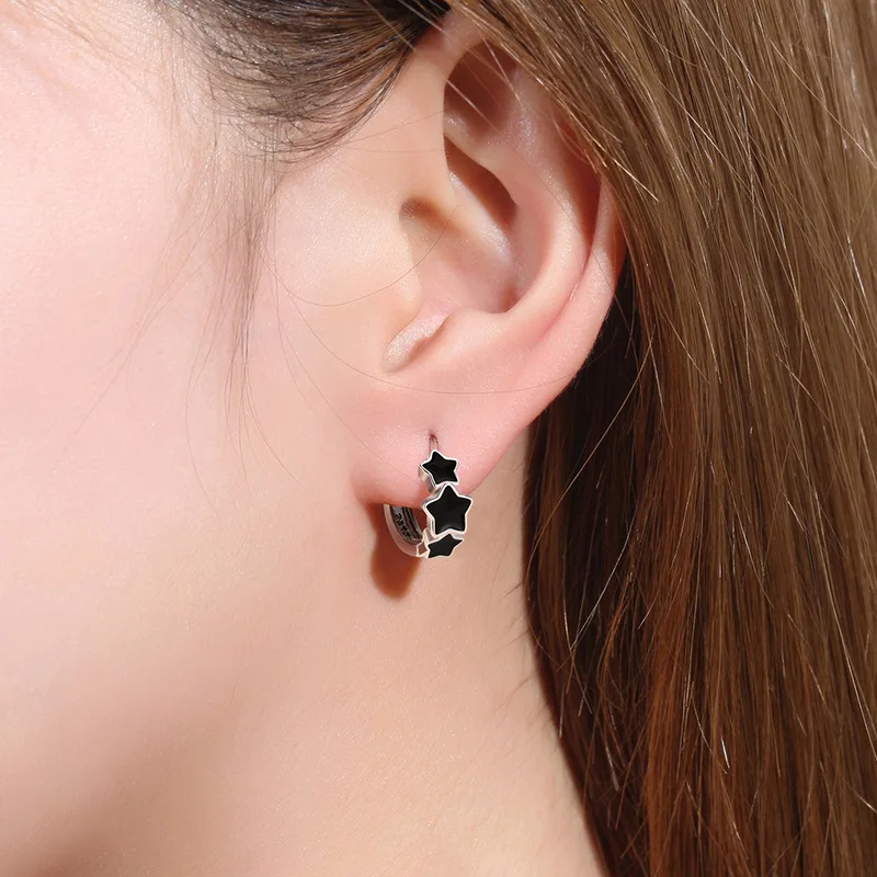 KOFSAC 2022 New Trendy 925 Sterling Silver Hoop Earrings Female Jewelry Glamorous Chic Black Star Earring Women Birthday Present