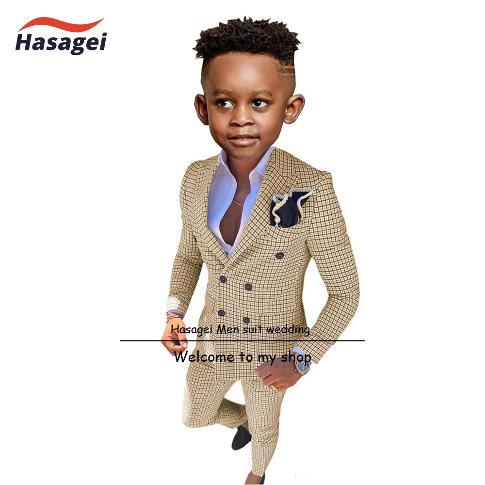 Plaid Boys Suit 2 Piece Double Breasted Jacket Pants Fashionable Wedding Tuxedo 2-16 Years Old Party Formal Blazer Kids